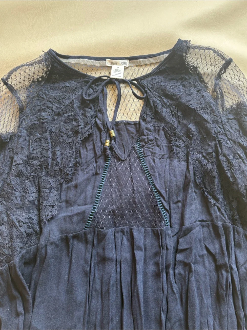 Lace-Trim Navy Tie-Front Dress with bell sleeves